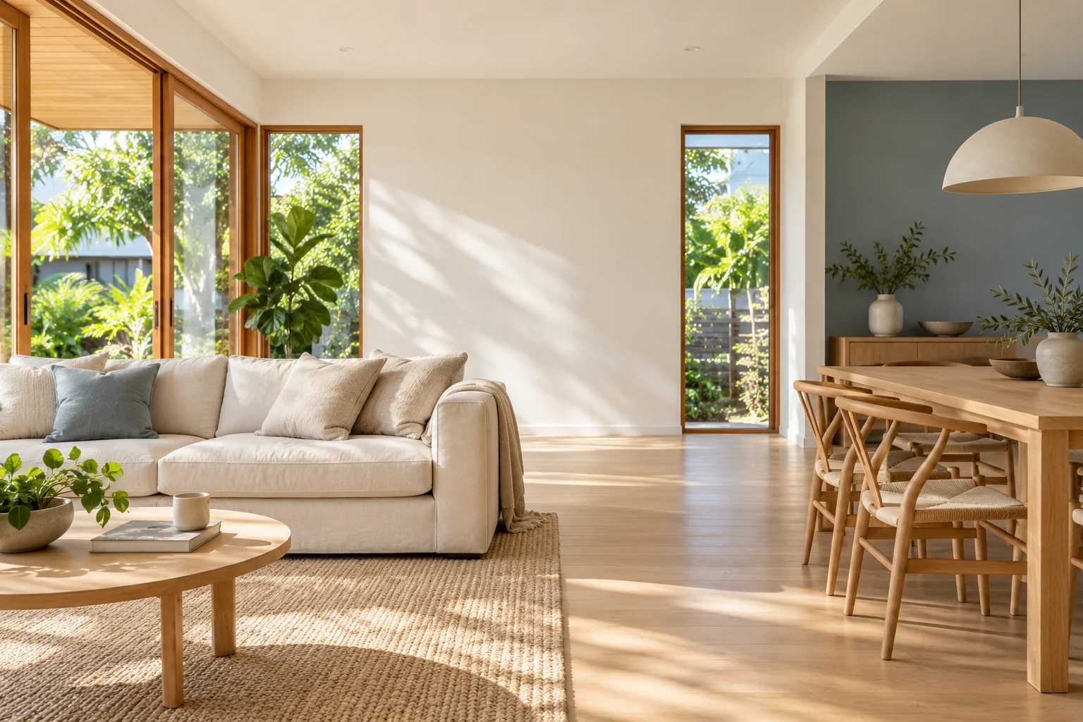 Illustrative light-filled room with warm neutral walls and a blue-grey feature wall