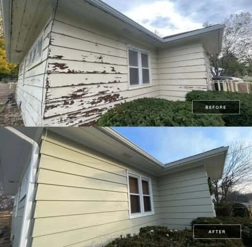 Two stacked photos of an Ipswich weatherboard exterior: peeling paint before, followed by a fresh pale finish after painting